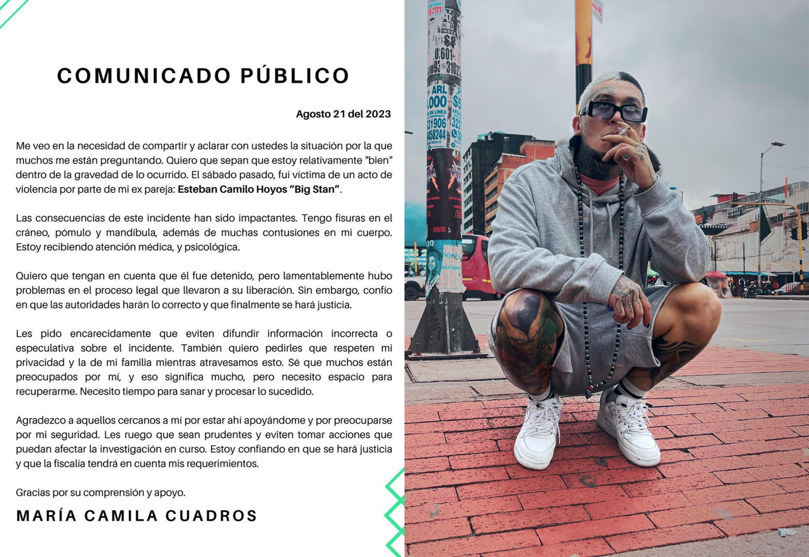 Ex pareja del rapero ‘Big Stan’ lo denuncia por agresión física y psicológica