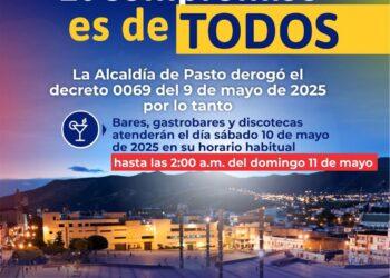 Alcaldía de Pasto revoca ampliación de horarios para expendio de licor por Día de la Madre tras reporte de violencia y muertes